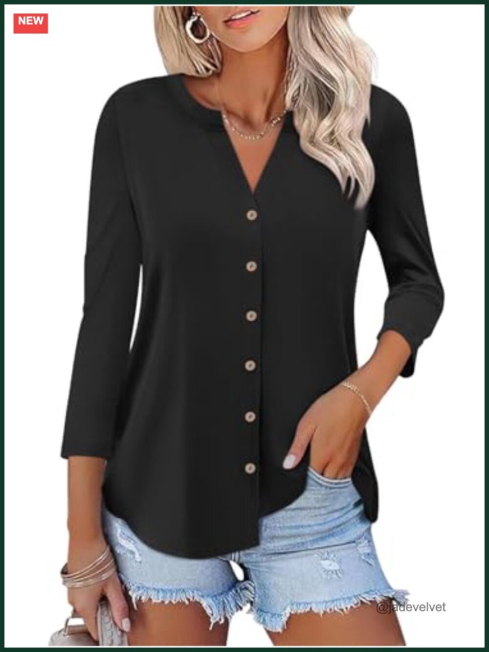 Women's Button Down V Neck 3/4 Sleeve Blouse Soft Stretch Wrinkle Free